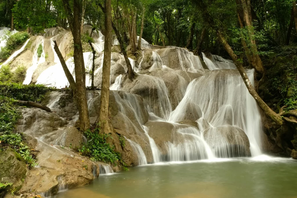 Long-exposure silky waterfall over rock tiers in forest, slow shutter speed example.