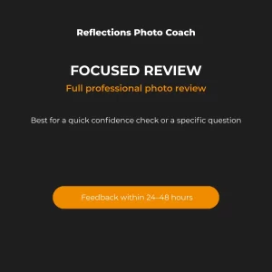 Reflections Photo Coach Focused Review product card showing “Focused Review (3 Photos)” with photo feedback and Lightroom Mobile guidance, and 24–48 hour turnaround.