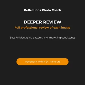Reflections Photo Coach Deeper Review product card showing “Deeper Review (7 Photos)”, focused on identifying patterns and improving consistency, with 24–48 hour turnaround.