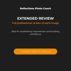 Reflections Photo Coach Extended Review product card showing “Extended Review (15 Photos)”, focused on accelerating improvement and building confidence, with 24–48 hour turnaround.