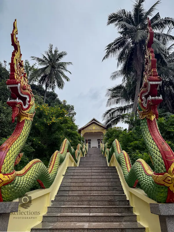 Naga staircase leading to the upper temple building at Wat Suwan Khiri Wong Patong framed by palm trees