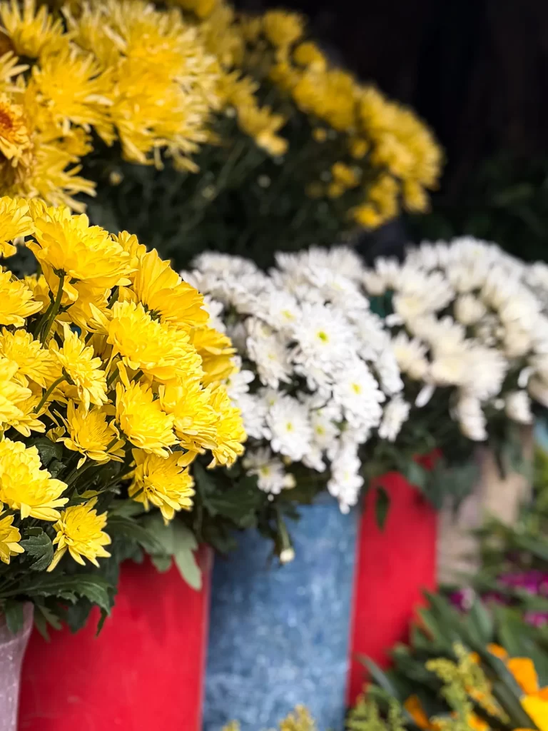 Clear photo of flowers at a market stall where the flowers are the obvious subject and the viewer’s eye knows where to start.