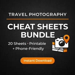 Travel Photography Cheat Sheets Bundle cover graphic — 20 sheets, printable and phone-friendly, instant download.