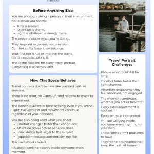 First page preview of the Travel Portraits cheat sheet for travel photography