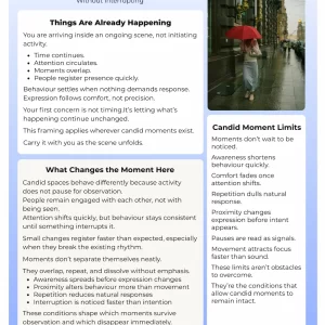 First page preview of the Candid Moments cheat sheet for travel photography