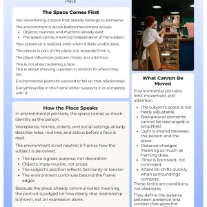 First page preview of the Environmental Portraits cheat sheet for travel photography