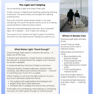 First page preview of the Good Enough Light cheat sheet for travel photography