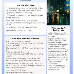 First page preview of the Night Streets & Neon cheat sheet for travel photography