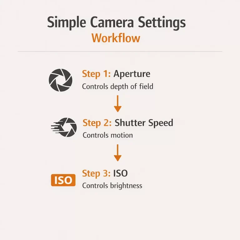 simple camera settings workflow showing aperture shutter speed and ISO step by step for beginners