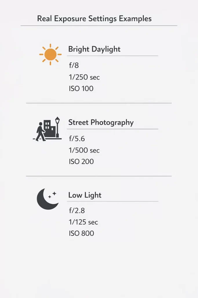 example exposure settings showing aperture shutter speed and ISO for different lighting conditions