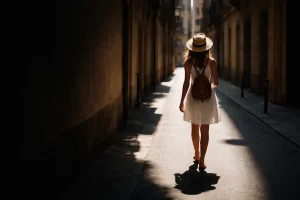 travel photography settings example walking subject in light and shadow