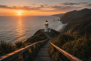 Coastal lighthouse scene photographed from an elevated pathway at sunset demonstrating strong leading lines and visual composition in photography