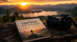 The Confident Photographer book shown beside a camera at sunset representing practical photography learning, confidence, and stronger visual decision making