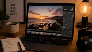 Laptop displaying a naturally edited coastal sunset photo in a calm workspace for a photography editing course focused on realistic results