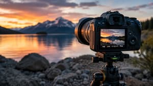 Camera mounted on a tripod beside a calm lake at sunset demonstrating sharp landscape photography and stable shooting techniques