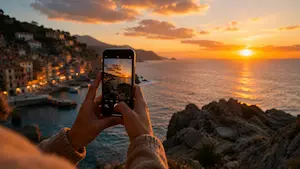 Person using an iPhone to photograph a coastal sunset scene demonstrating intentional composition and light in mobile photography