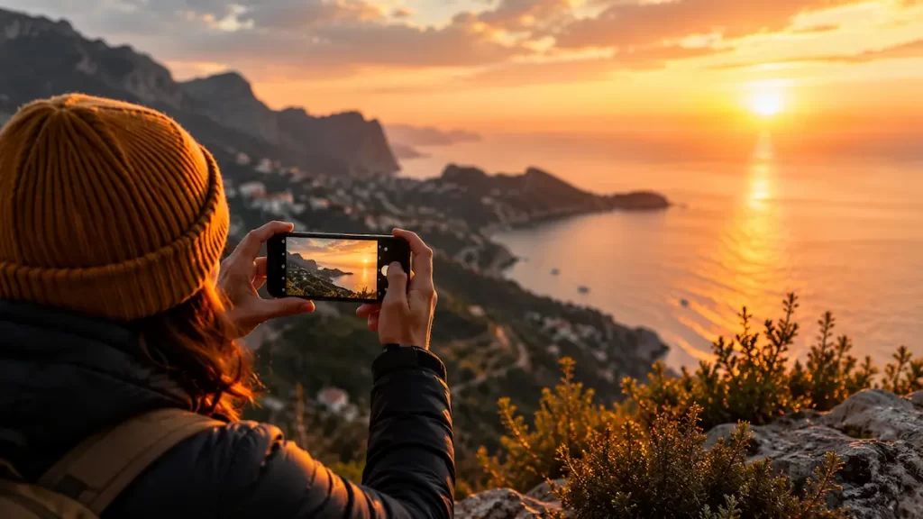 Person photographing a coastal sunset with a smartphone to represent practical photography mini guides and simple real-world photography improvement