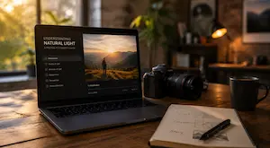 Photography courses image showing an online practical photography lesson with camera equipment, notebook, and natural light learning workspace