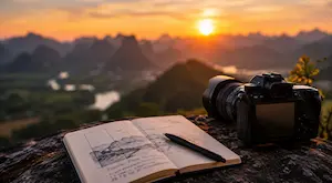 Photography guides image showing a camera and notebook overlooking a landscape to represent practical photography learning and stronger visual decision making