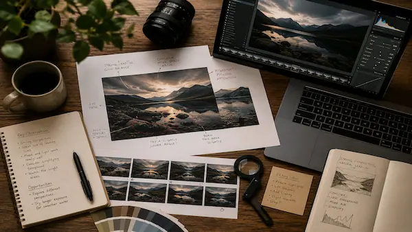 Flat lay photography mentoring workspace with annotated landscape photos, editing notes, contact sheets, and image analysis tools used during a detailed photography mentoring review.