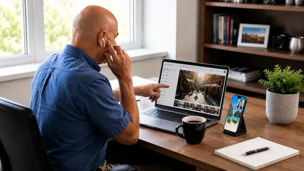 Photographer participating in an online photography mentoring session while reviewing images and discussing visual feedback remotely.