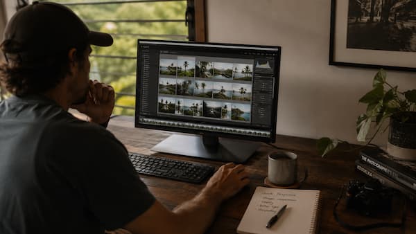 Photographer reviewing travel and landscape images on a desktop monitor in a warm natural-light workspace during a photography mentoring session.