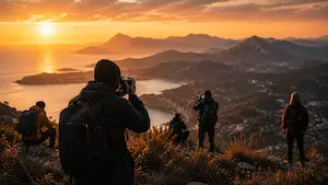 Small group photography tour capturing a coastal mountain landscape at sunset to represent real-world travel photography learning and guided photography experiences