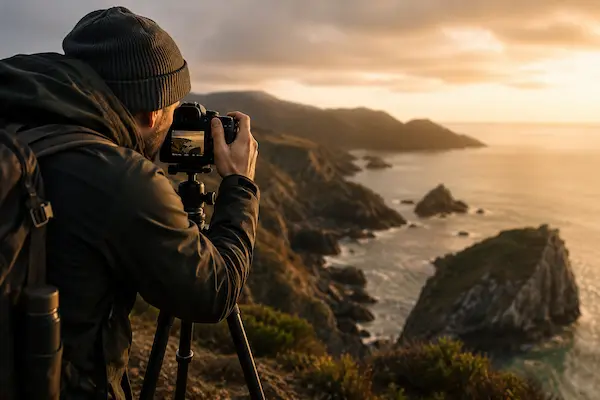 Photographer capturing a coastal landscape during golden hour for practical photography courses focused on stronger images and real-world learning