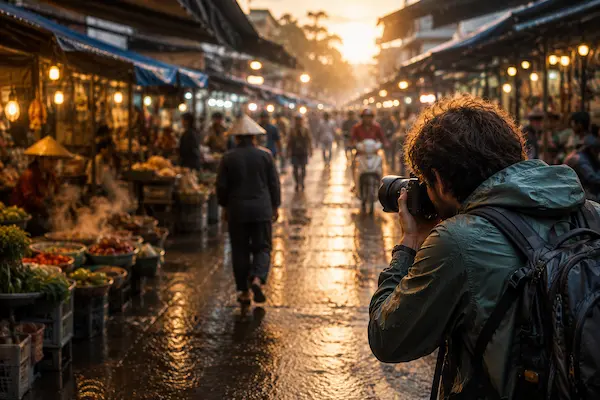 Travel Photography About Reflections Photography hero image showing a photographer capturing a busy market scene in changing light.