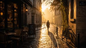 Golden sunlight illuminating a narrow city street with long shadows and atmospheric light demonstrating the impact of light in photography