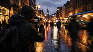 Photographer capturing a rainy city street at dusk with motion blur and low-light atmosphere for an exposure triangle photography course