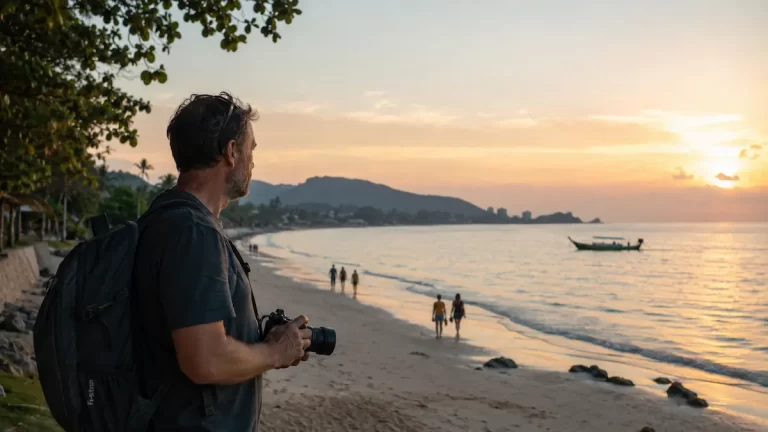 Photographer observing a beach scene at sunset before taking a photograph, demonstrating how to take great photographs through observation, clarity, and visual decision-making.