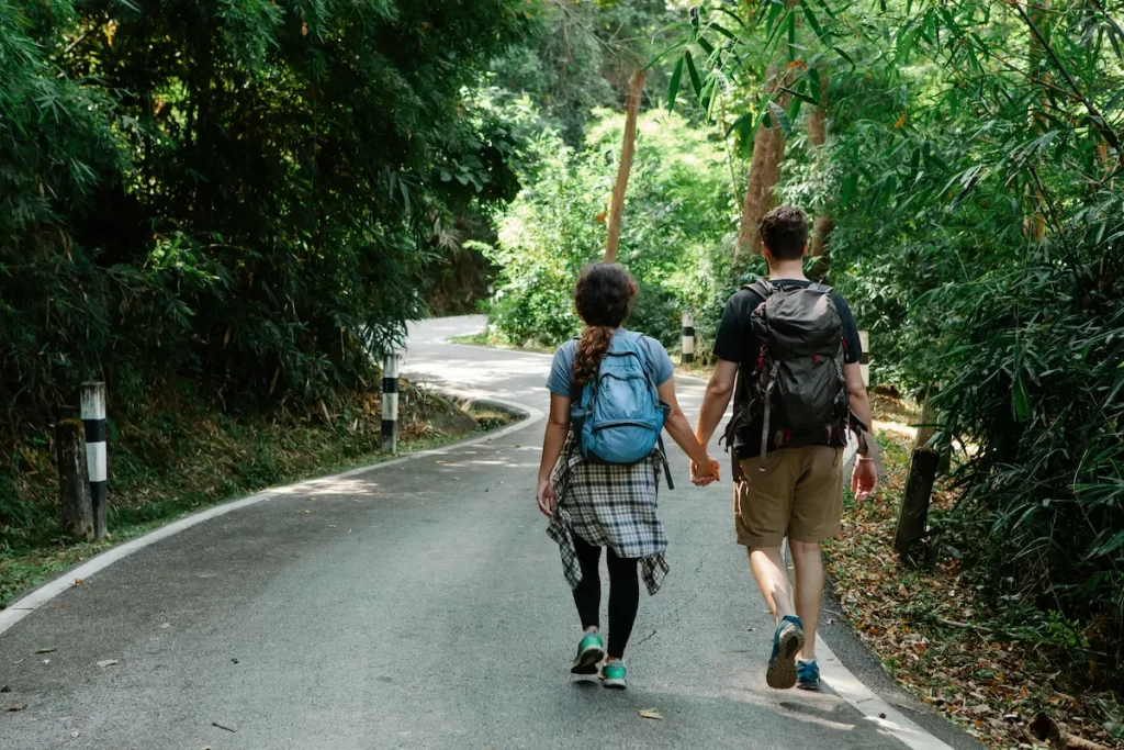 Couple walking hand in hand along a forest road used to explore travel photography storytelling, companionship, and emotional connection within a landscape.
